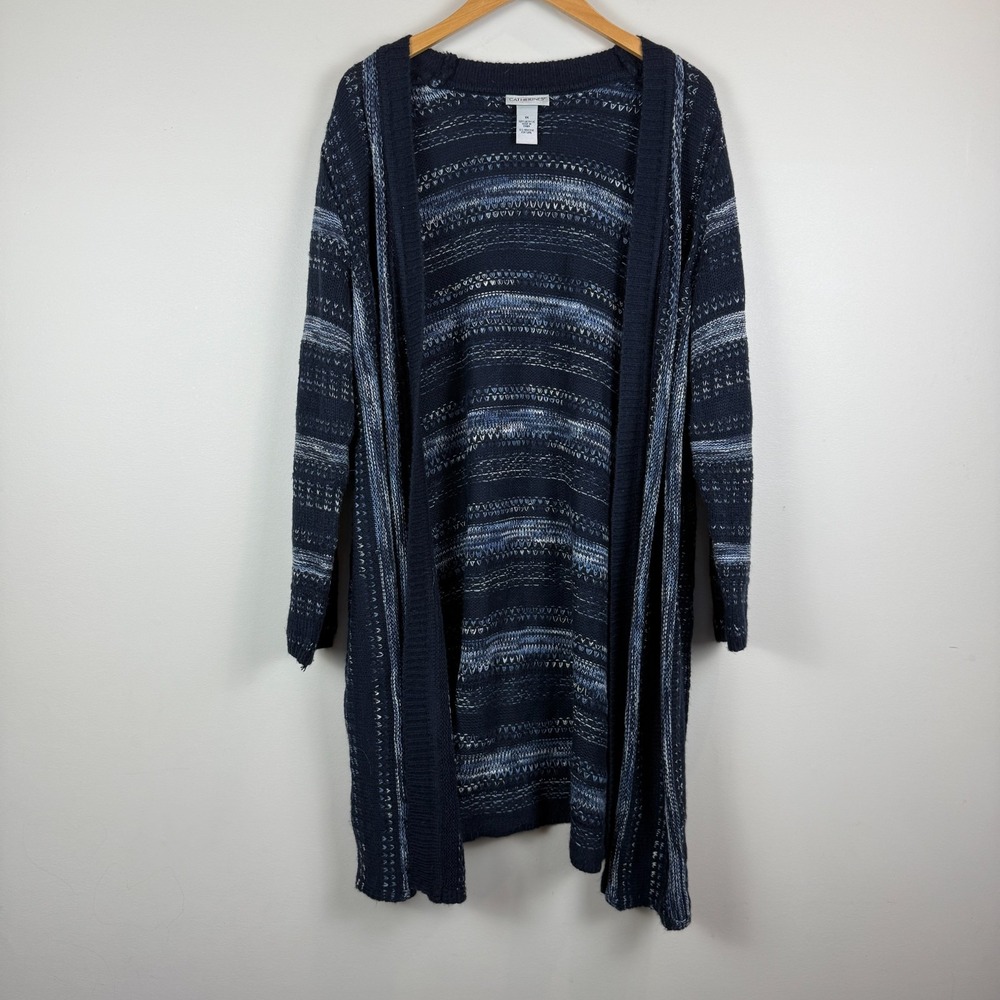 Catherines Cardigan Women 1X Navy Blue Stripe Lightweight Knit Open Front Duster